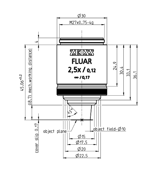 蔡司物镜ObjectiveFluar 2.5x/0.12 M27大视野平场大数值孔径物镜 蔡司物镜ObjectiveFluar 2.5x/0.12 M27大视野平场大数值孔径物镜