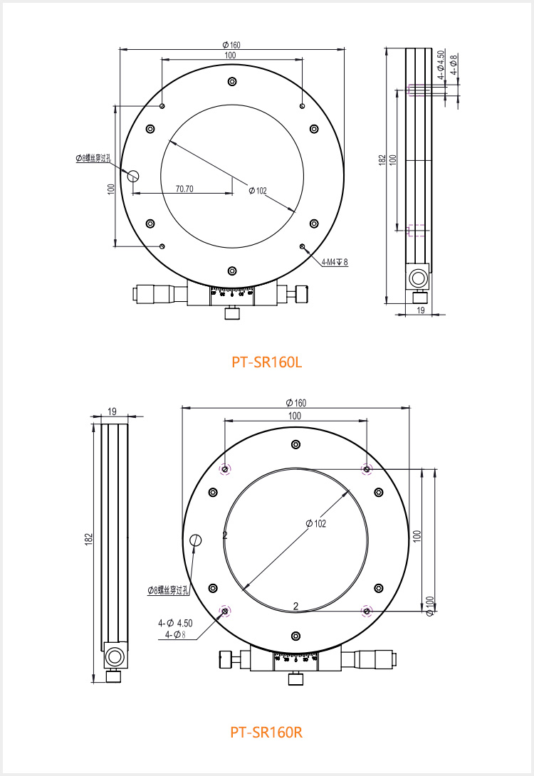 R轴中空旋转滑台360°角度手动精密微调光学位移台PT-SR80 R轴中空旋转滑台360°角度手动精密微调光学位移台PT-SR80